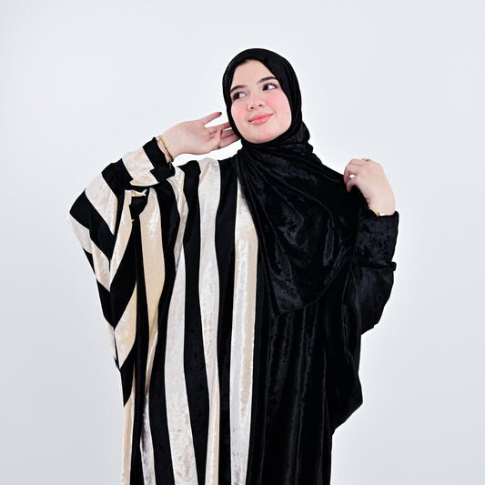 اسدال قطيفة سوداء مخطط - طرحة متصلة