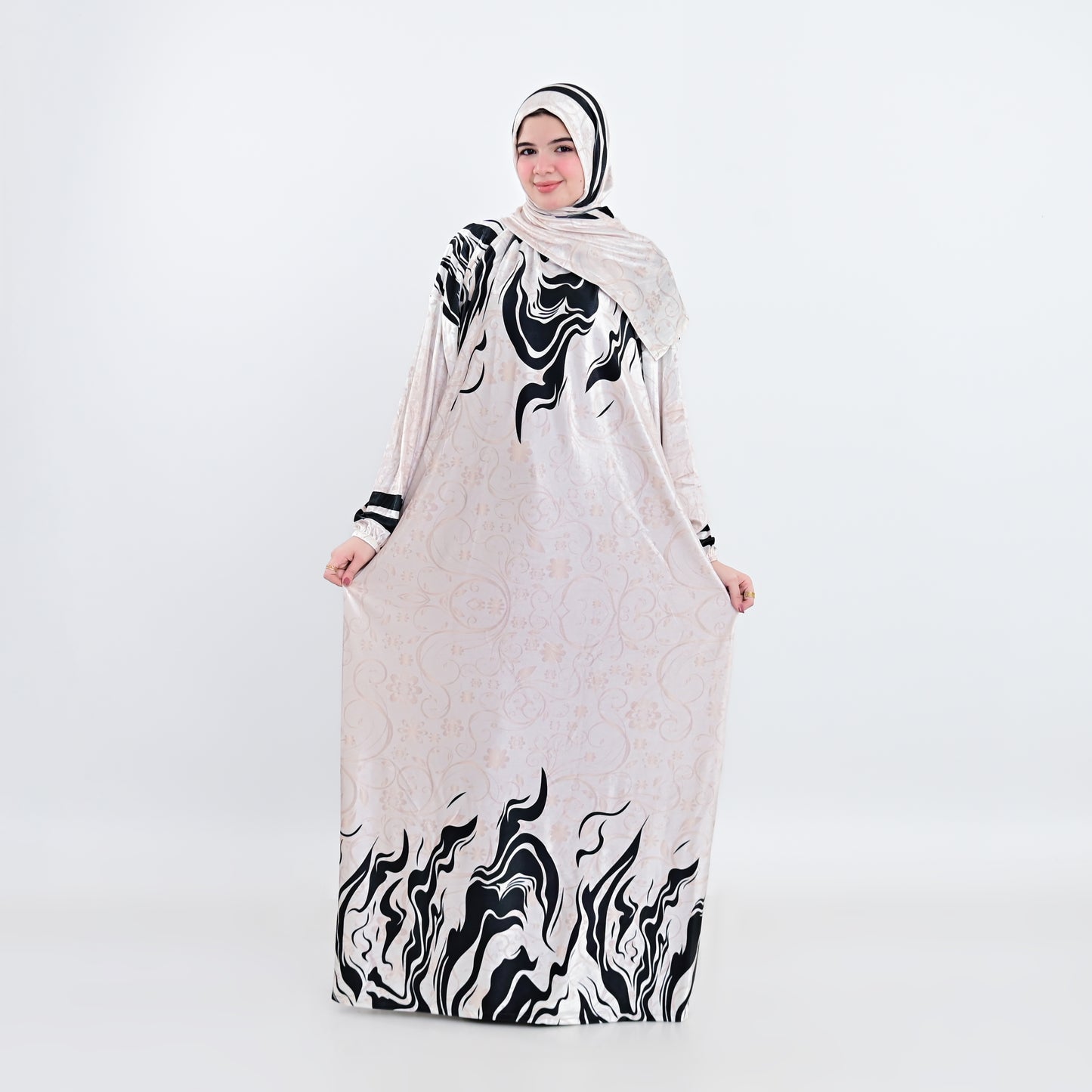 اسدال بنقوشات فنية أسود وأبيض - طرحة متصلة